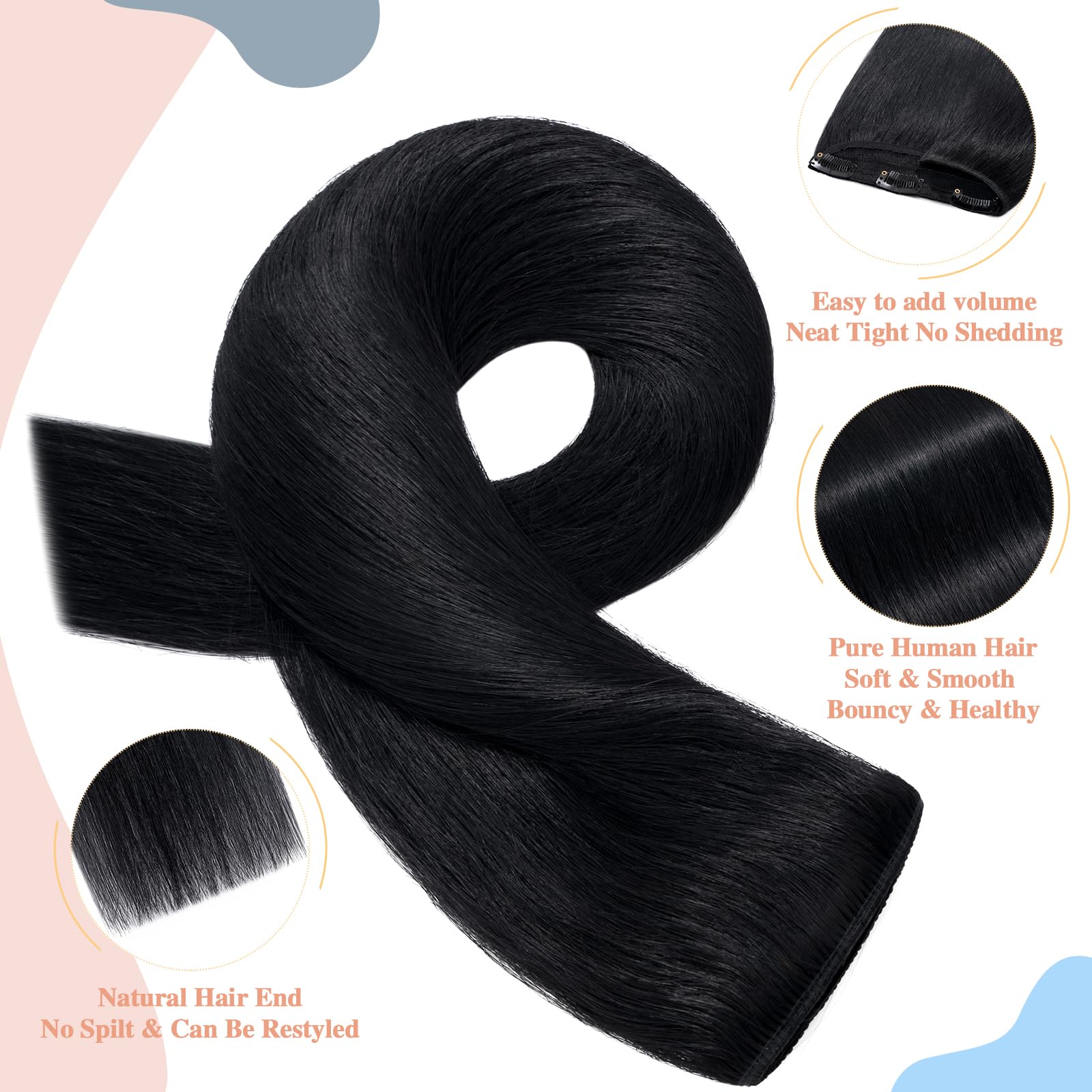 S-noilite Clip in Hair Extensions Human Hair Jet Black - One Piece Hair Extensions Clip in Real Hair 14 Inch (45 g) - Image 3