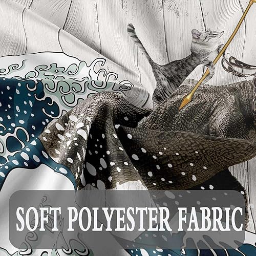 Miniatura 6 de Boziqr Divertida cortina de ducha con diseño de gato, dinosaurio japonés con ondas oceánicas, cortinas de baño de tela para niños, cortina de ducha