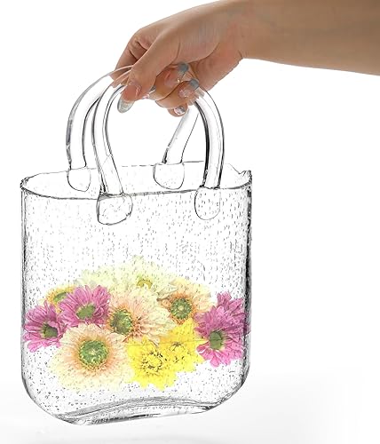 Miniatura 7 de Florero para flores, florero único de vidrio transparente con asa, florero de flores en forma de bolso, jarrón de burbujas de boca ancha para