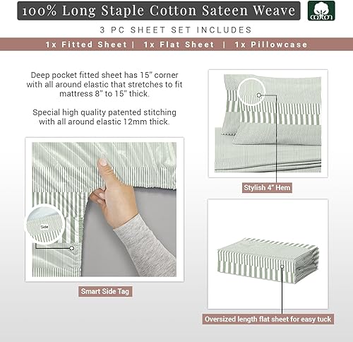 Miniatura 3 de Pizuna Sábanas de algodón puro 100% tamaño individual, lujosas sábanas de satén de algodón de fibra larga de 400 hilos, tamaño individual con