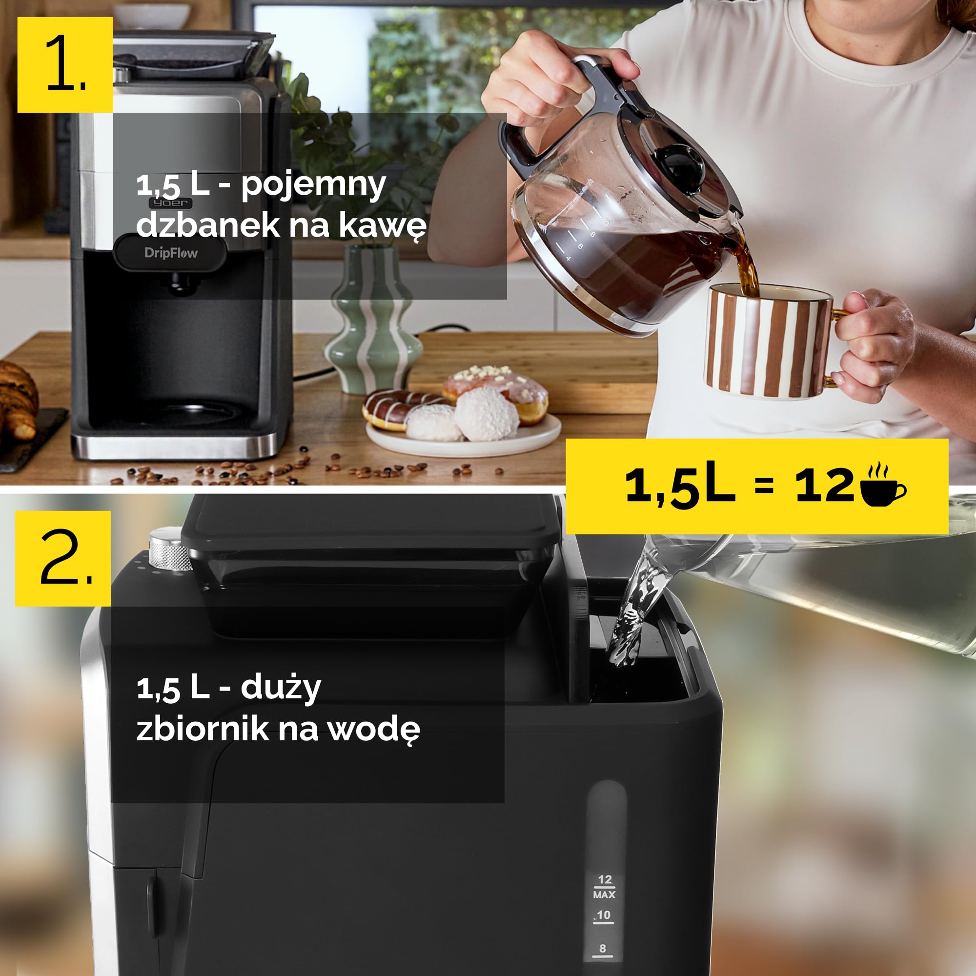 Yoer Ekspres przelewowy do kawy z wbudowanym młynkiem żarnowym, 12 kaw, 1520W, 1,5L Szklany dzbanek, 24h timer, Filtr wielokrotnego użytku, Podtrzymywanie ciepła, Stal INOX, CMG03BK DripFlow, czarny