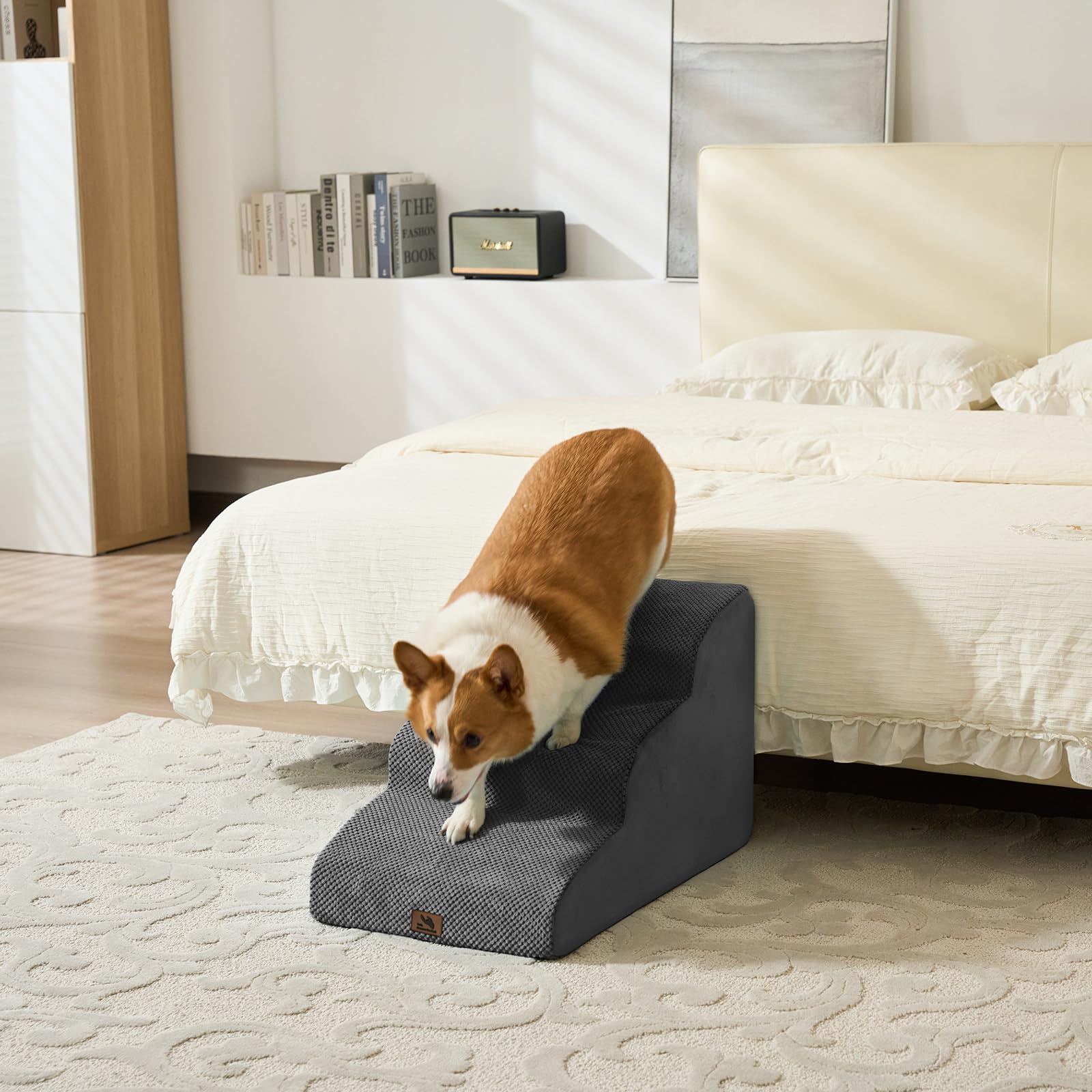 Hundetreppe für kleine Hunde, 3 Stufen 40cm Hoch Haustiertreppe, Waschbar rutschfest, Katzentreppe für Alte Katzen Für Bett, Sofa, Couch Grau
