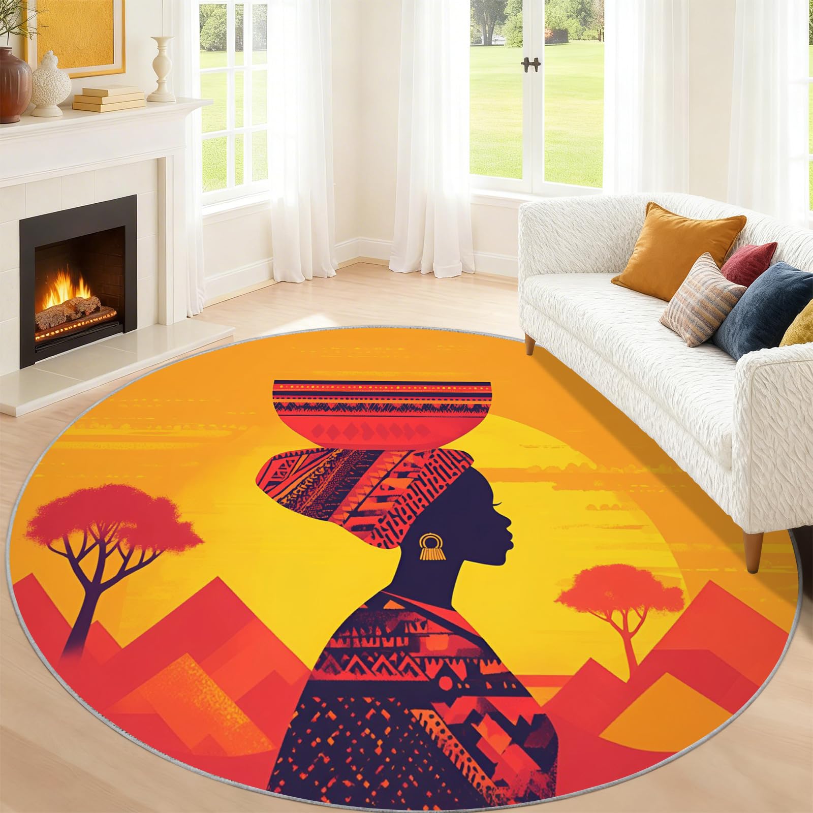 Générique Grand Tapis Rond Lavable à thème Africain pour Salon, Chambre à Coucher, Table à Manger, décoration d'intérieur - 160 cm