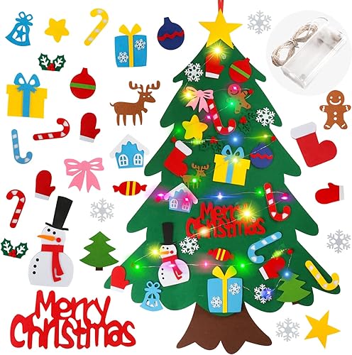Juego de árbol de Navidad de fieltro Suweor Upo para niños pequeños con luz de cuerda LED, árbol de Navidad de 0,9 m para colgar en la pared,
