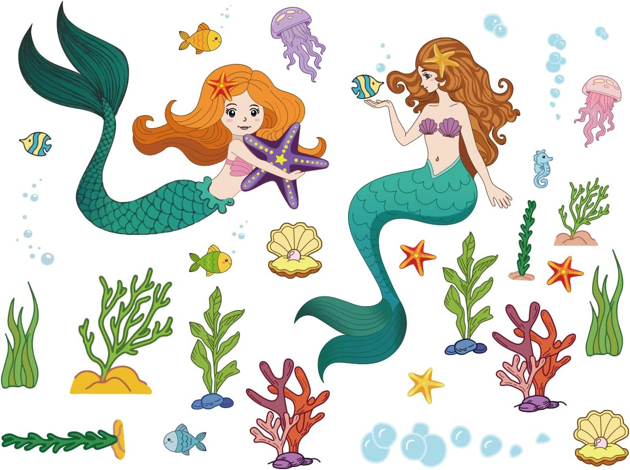 SUPERDANT Cartoon Mermaid Wall Decals Watercolor Jellyfish
