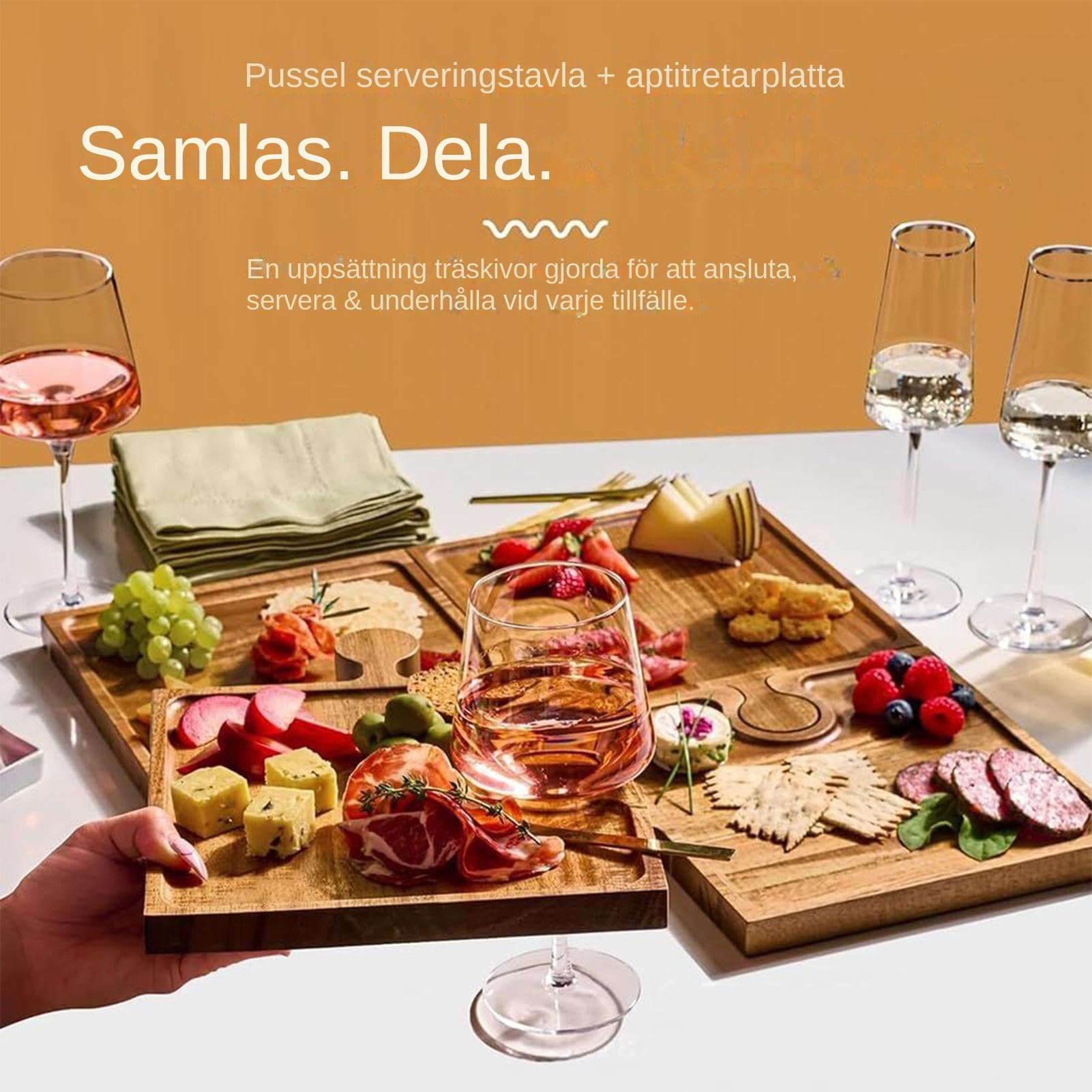 Bandeja de Servir Presentación Moderna De Madera Tipo Puzzle | Tabla de Quesos y Embutidos con Asas Para Carne Fruta Queso Aperitivo Tarta Postre Cocina Hogar Mesa Buffet
