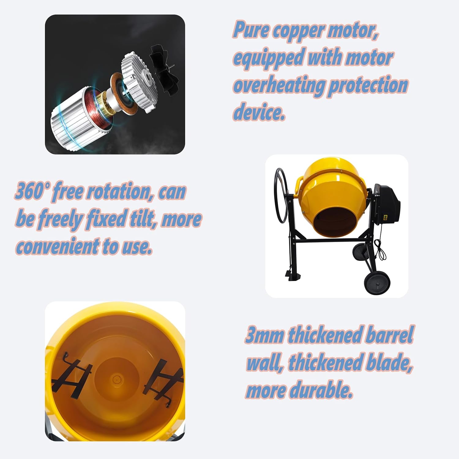 7.23 Cu. Ft Cement Mixer,Electric Concrete Mortar Mixer 360° Rotation，Portable Concrete Mixing Machine, Cement Mixing Machine，110v/60HZ 1Kw