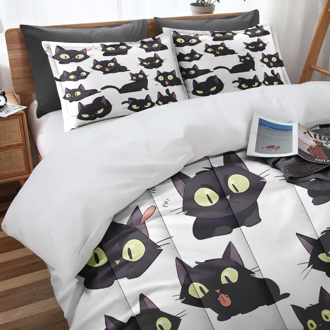 Cute Cat Funny Comforter Set Queen Size Anime Witch Black Includes Comforter & Pillowcase Bedding for All Seasons Kids and Adults Bedroom Bed Decor