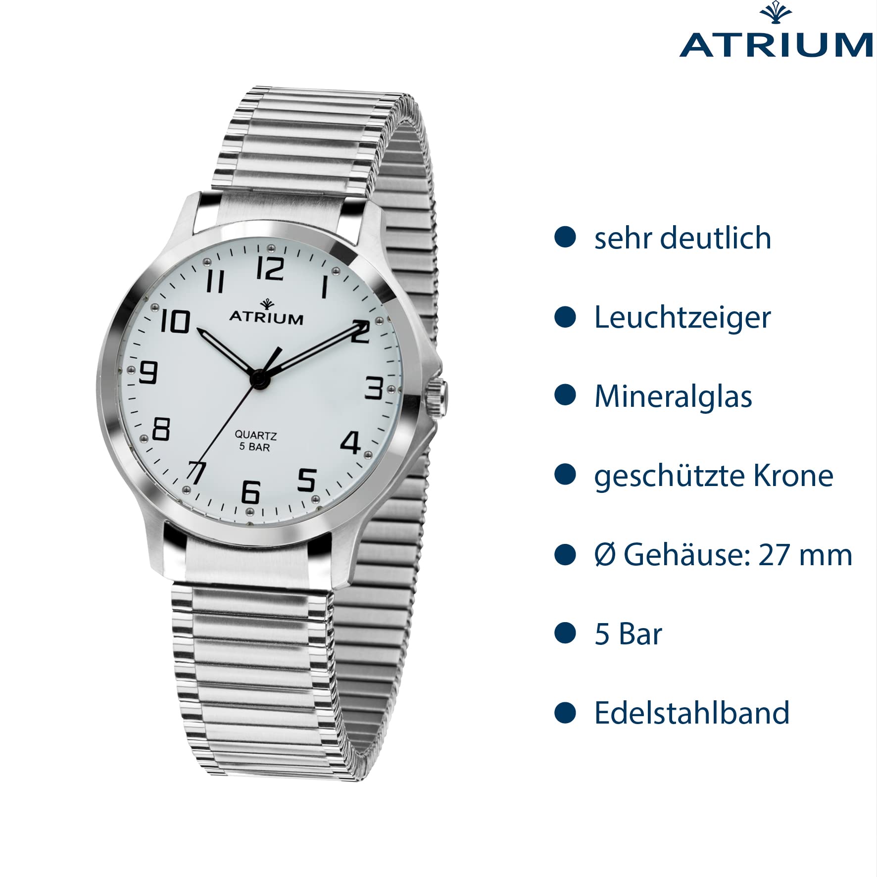 Atrium Damen-Armbanduhr Analog Quarz Edelstahl 5 bar Leuchtzeiger Flexband Silber A13-50