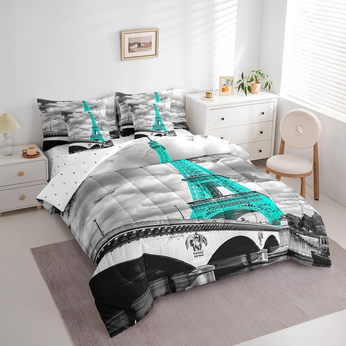 Feelyou Girls Eiffel Tower Comforter Set Full Size 7 Pcs Paris Theme Comforter Bed in a Bag Teal Gray Eiffel Tower Bedding Set for Women Teens Romantic Bed Set with Sheets, Pillowcases, Pillow Covers