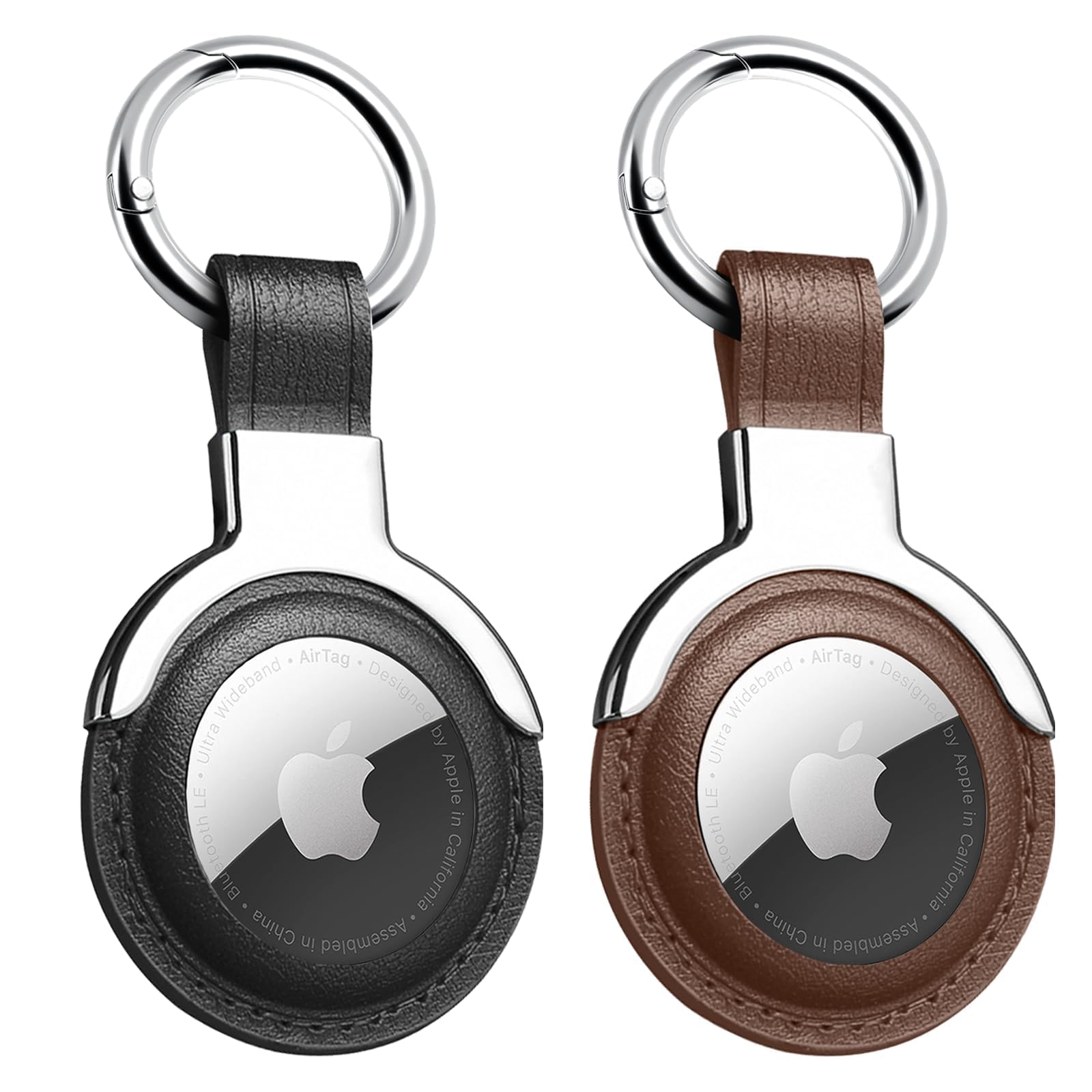 Woyinger Genuine Leather Air Tag Holder(2 Pack) Designed for Apple Airtags Keychains.Compact Design with Key Rings r for Added Convenience and Protective Casing for Airtag.(Black/Brown)