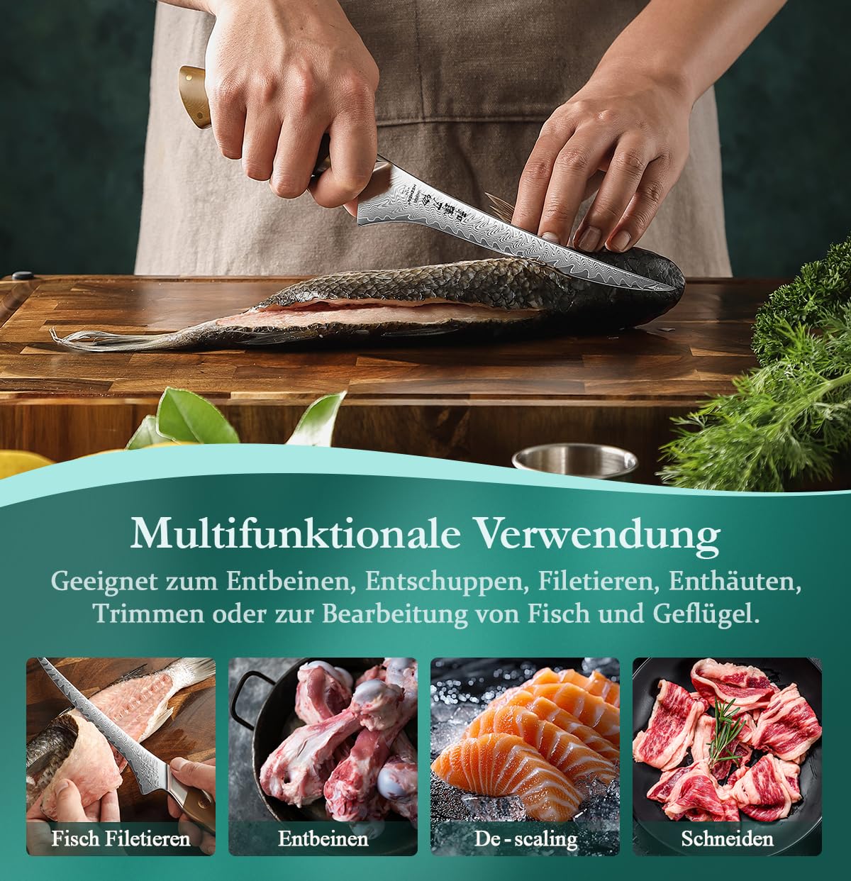 HEZHEN Damaststahl Filetiermesser, Professionelles Fischmesser, Damast Ausbeinmesser Profi, Full Tang Griff aus Leinen Micarta