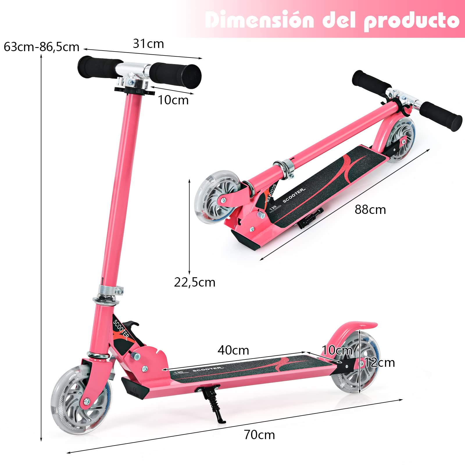 COSTWAY Patinete Niño 4-13 Años Scooter Plegable con Ruedas LED Altura Ajustable hasta 70kg Rosa