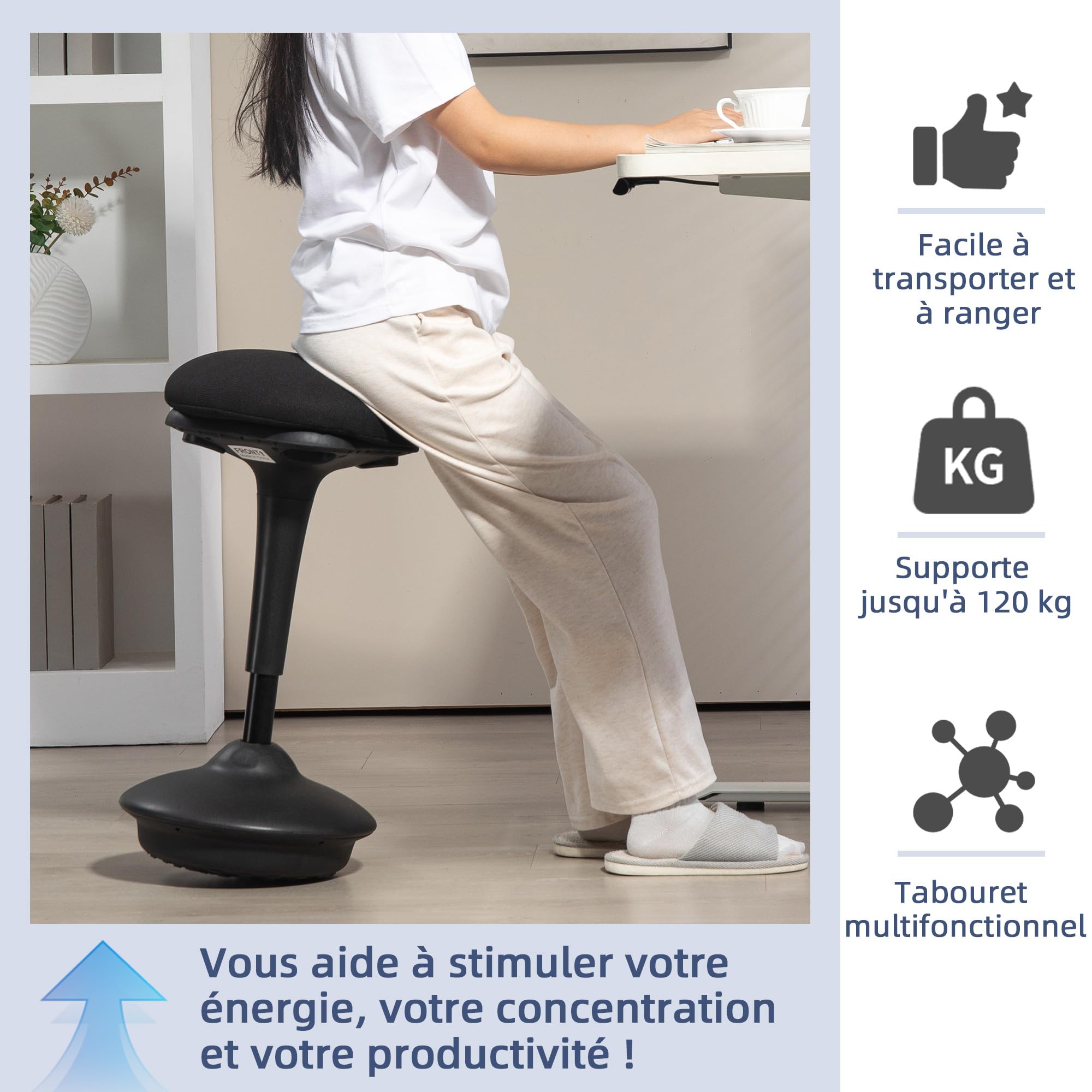 HOMCOM Tabouret de Bureau Debout, Tabouret Ergonomique, réglable en Hauteur 70-90 cm, Large Socle, siège Bascule à 360°, avec Coussin rembourré et Patins antidérapants, Noir