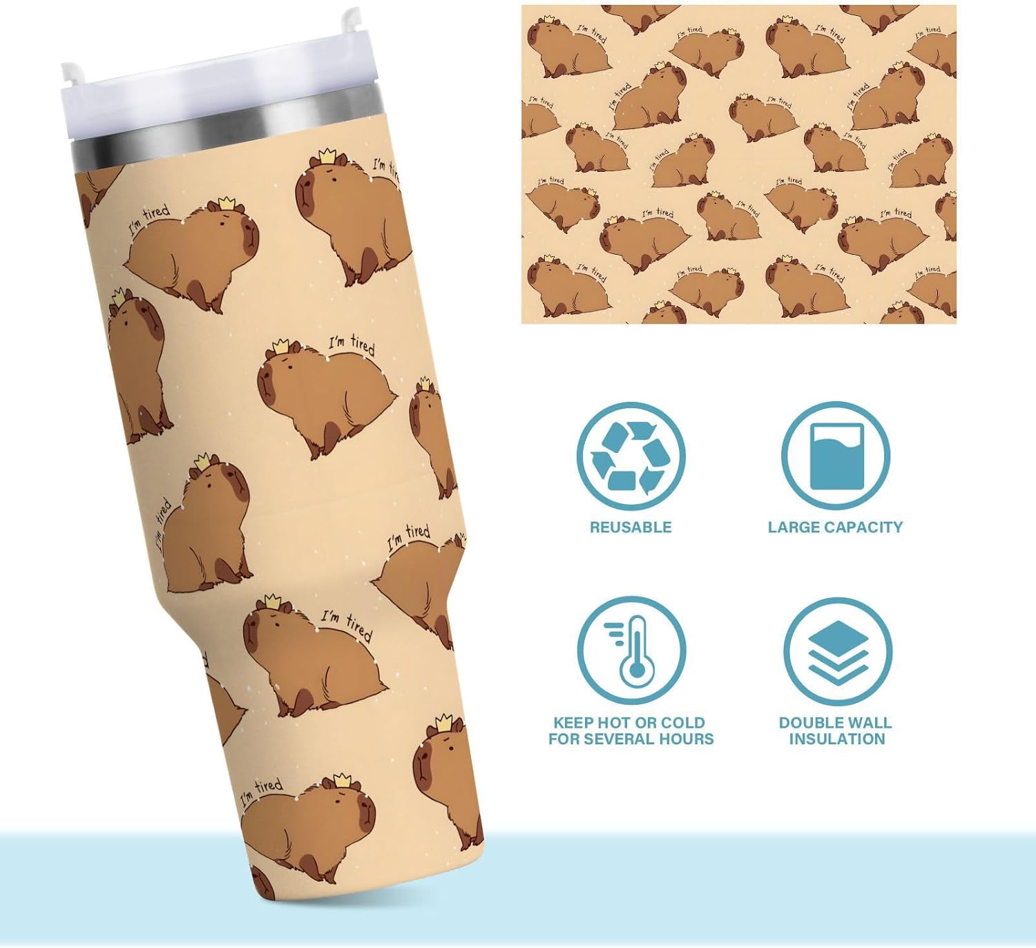JIPONI 40 oz Tumbler with Handle & Straw, Capybara Cute Water Bottle, Stainless Steel Vacuum Insulated Travel Mug, BPA-Free, Travel Bottle fit in Car Cup Holder - Image 2