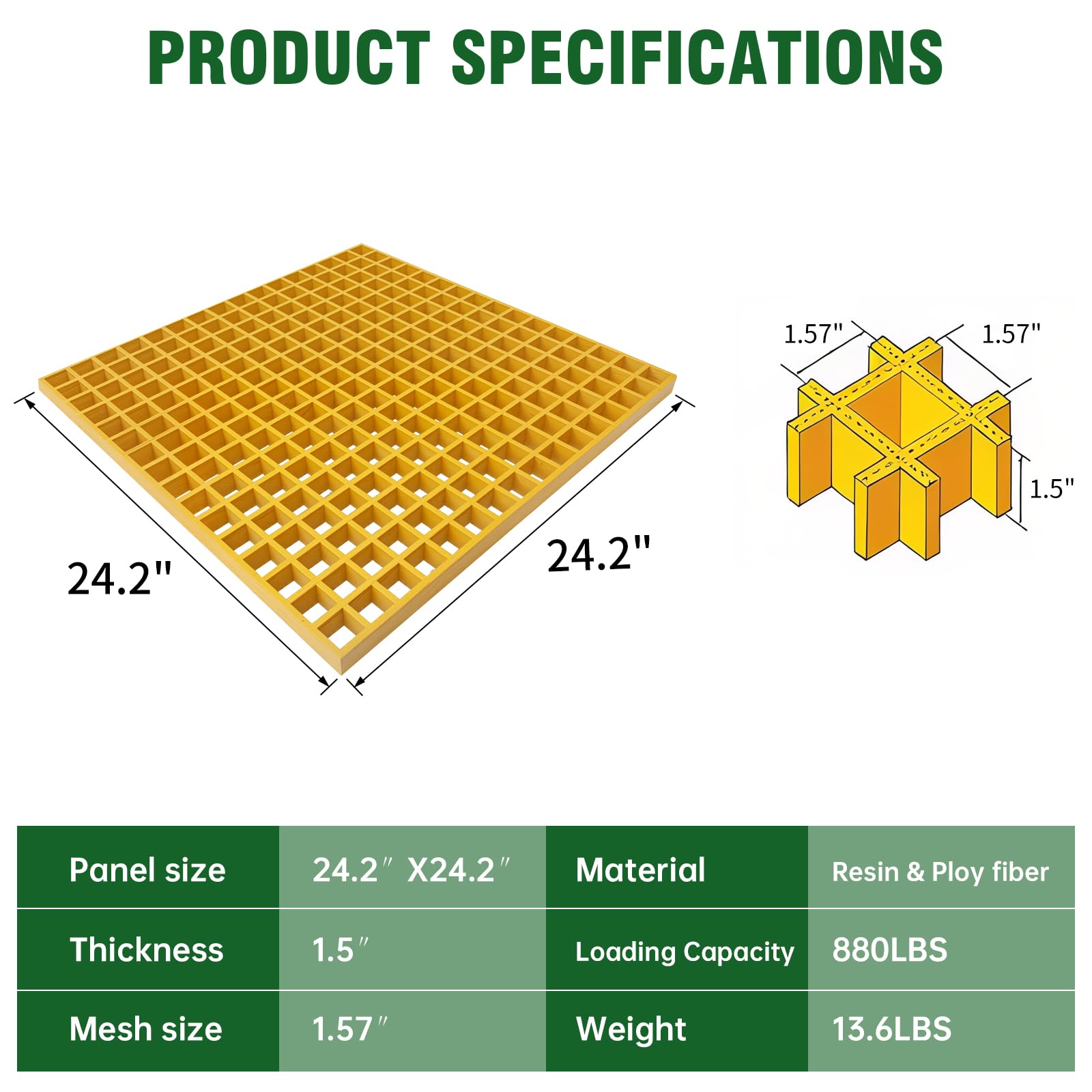 2'x2' Fiberglass Molded Grating - 1.5''x1.5''x1.5'' Fiberglass Bar Grille Plate, Heavy Duty FRP Industrial Square Grate Panel for Car Wash, Decks, Stairs, and Garage — Amazon image 2