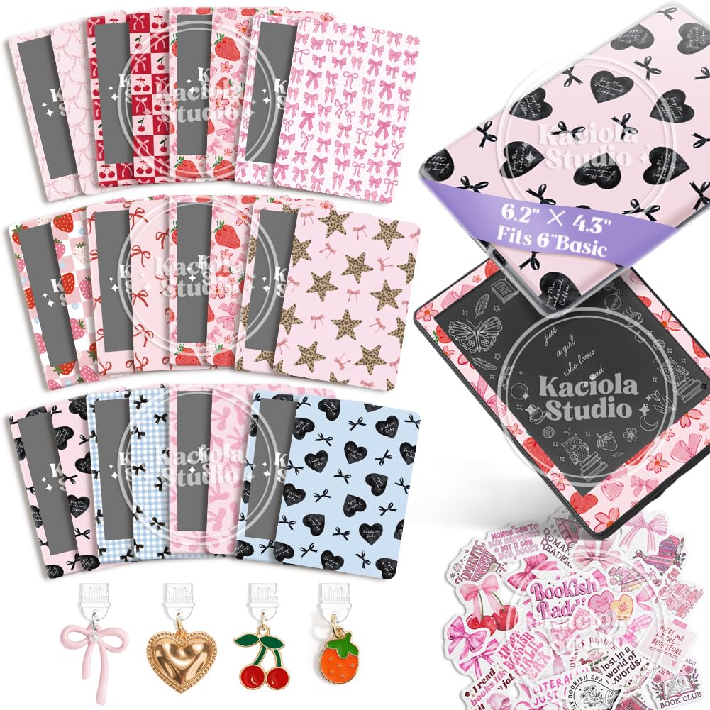 KACIOLA STUDIO 24PCS Pink Bow Skin for E-Reader, and 4PCS Type C Charms for E-Reader with Scrapbook Stickers, 6.2"x4.3" Skin Front and Back Decal Inserts for Basic (Pink Bow)