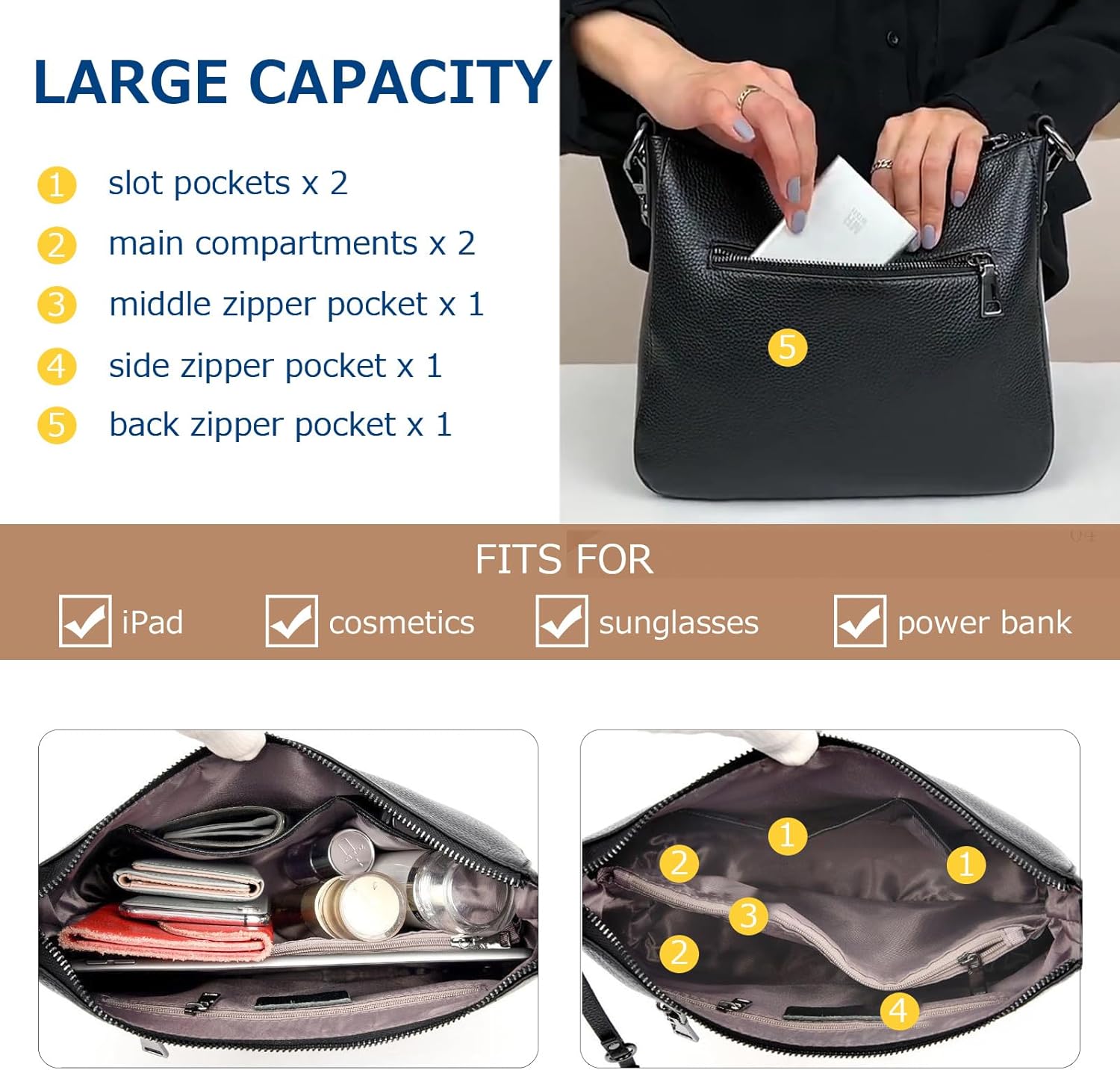 Genuine Leather Hobo Purses for Women Large Crossbody Bag Treny Tote Shoulder Satchel Bag - Image 3