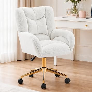 Teddy Soft Office Chair for Women with Back & Wheels White, Teddy | Swivel Cute Desk Chair with Gold Metal Legs for Bedroom, Makeup Vanity Chair with Adjustable Height for Office, Study Room