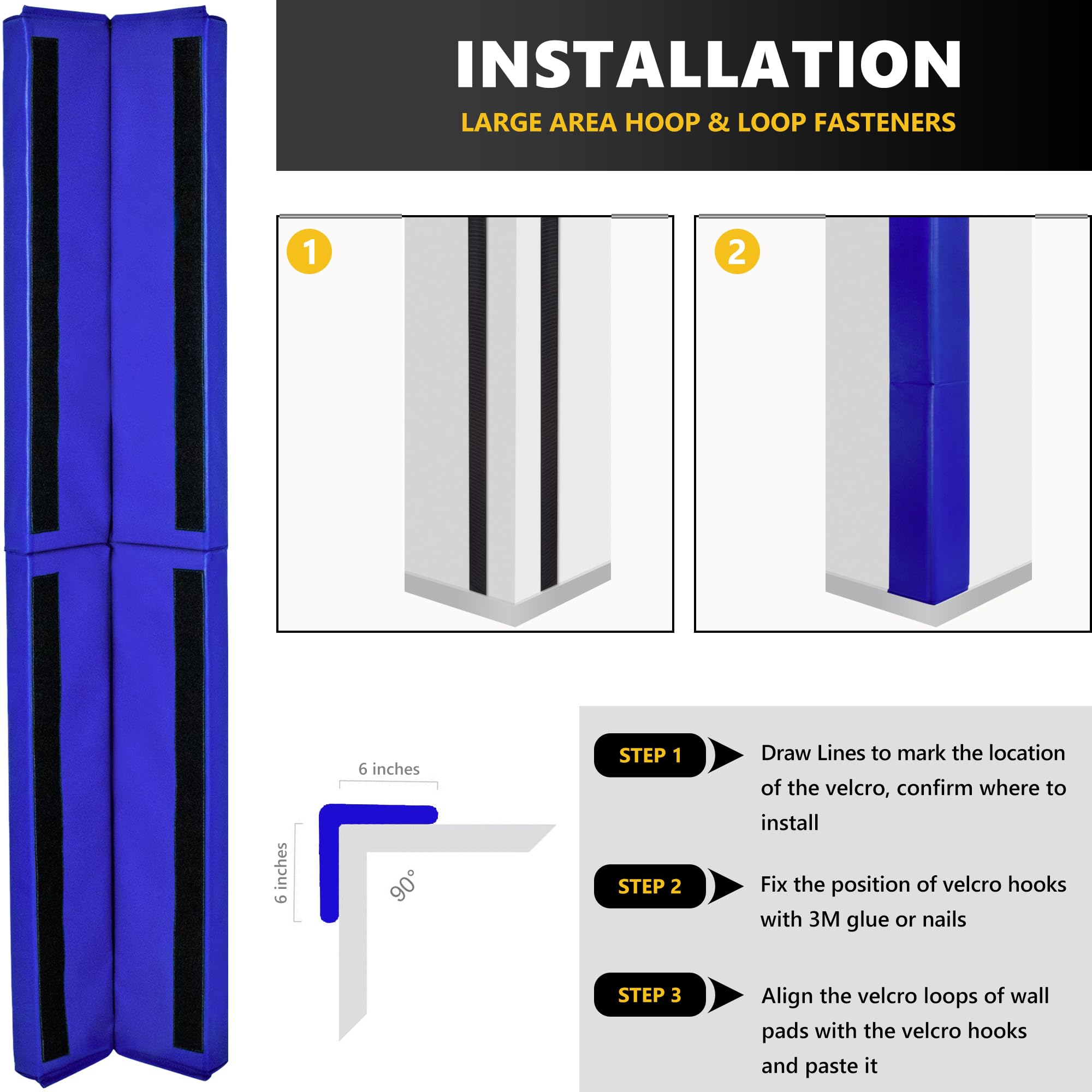 Wall Corner Guards & Edge Protector, Heavy Duty Wall Corner Protective Safety Padding, All-Weather 2 Sides Corner Pad for Gyms, Basketball Court, Playrooms, Garages,etc. (Blue, 5FT Tall 6in Sides)