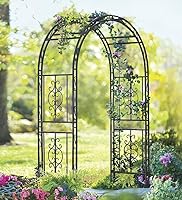 Plow & Hearth Montebello 7ft Gunmetal Garden Arbor - Iron Trellis for Climbing Vines, Weddings, Patios & Outdoor Decor