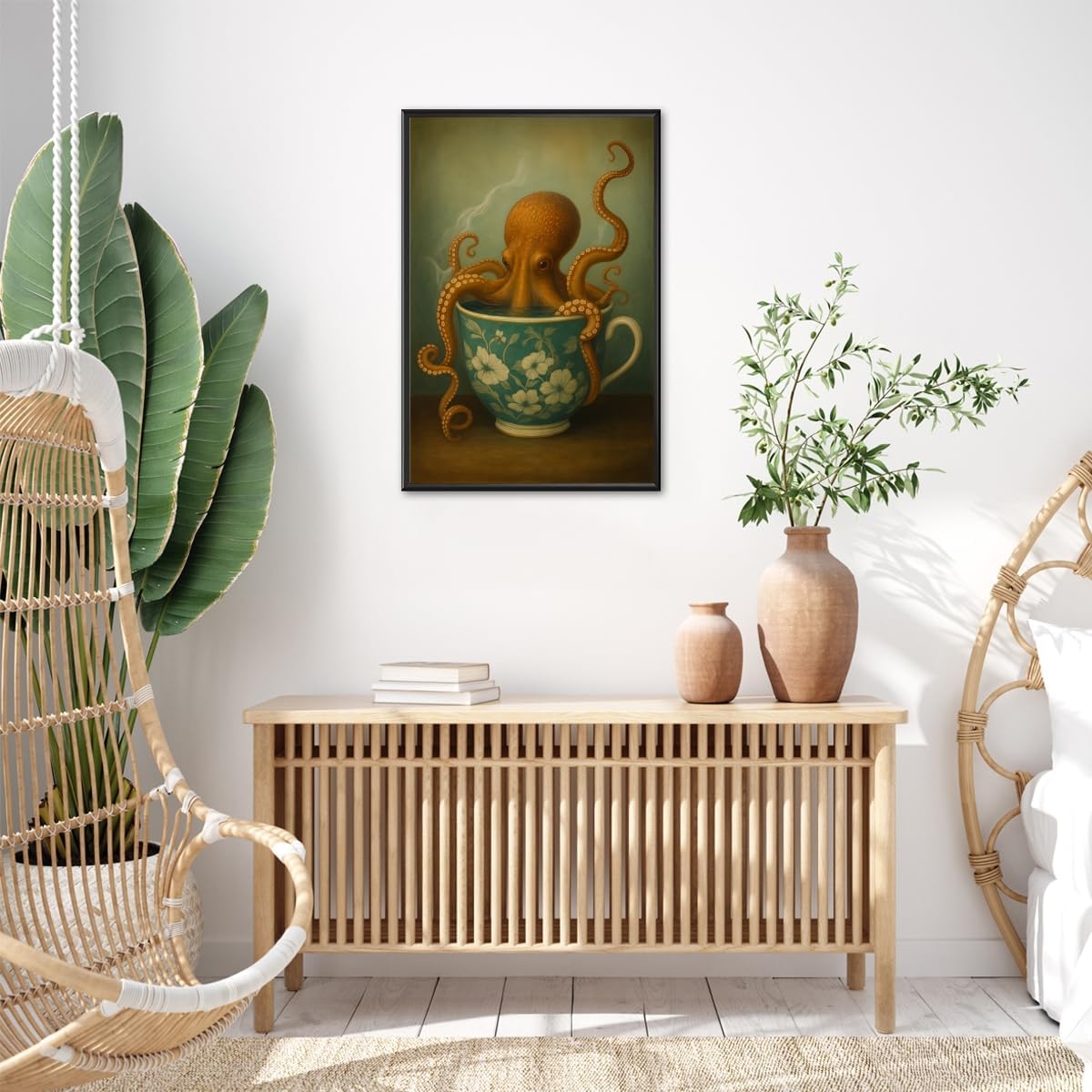Octopus Wall Art Print Vintage Steampunk Octopus in Tea Cup Poster Moody Animal Illustration for Kitchen Study Office Nautical Home Decor 12x18inch black framed