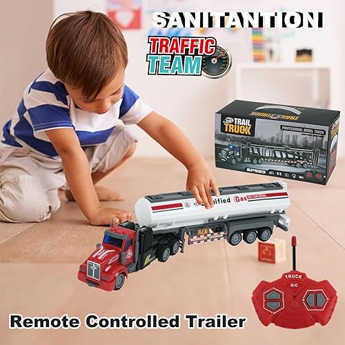 Miniatura 2 de Remolque de combustible semicamión con control remoto, juguete de camión de combustible 148 de 14 pulgadas, equipado con 2 baterías recargables,