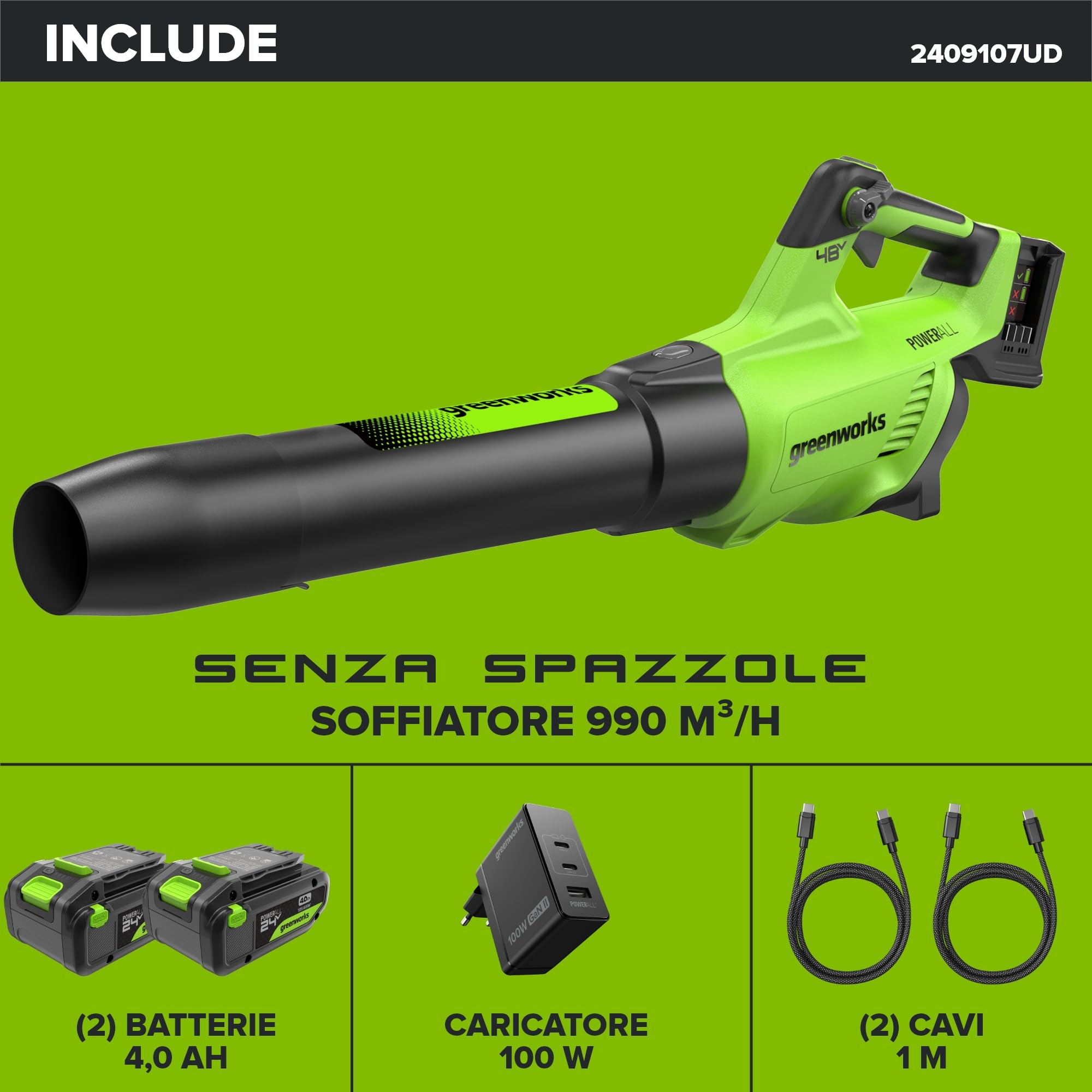 Greenworks 48V(24V x 2）Soffiatore Assiale, Ioni di Litio Velocità d'Aria 217 Km/h, 16.4m³/min Potente Tubo Soffiatore Assiale Controllo di Velocità Elettronico Con Batteria e Caricatore BL48L420-01