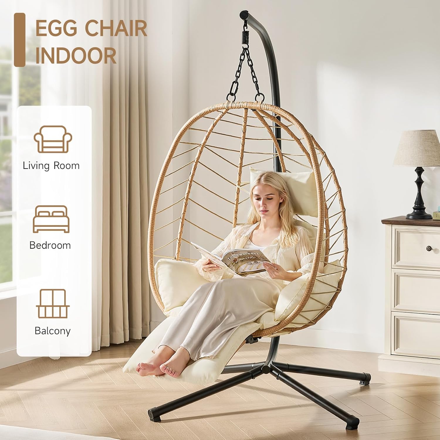 ONBRILL Hanging Egg Chair with Adjustable Footrest & Stand, Wicker Rattan Swing Hammock Chair with Cushion & Double Chains, 350LBS Capacity for Outdoor & Indoor Patio, Deck, Bedroom, Balcony (YE-BE)