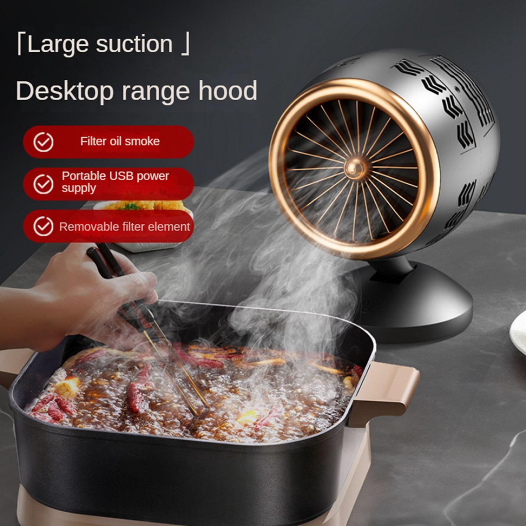 Desktop-Dunstabzugshauben, Tragbarer Abluftventilator für die Küche, Wiederaufladbar über USB, Tragbare Dunstabzugshaube mit Filter für Grill, Hot Pot, Langlebig