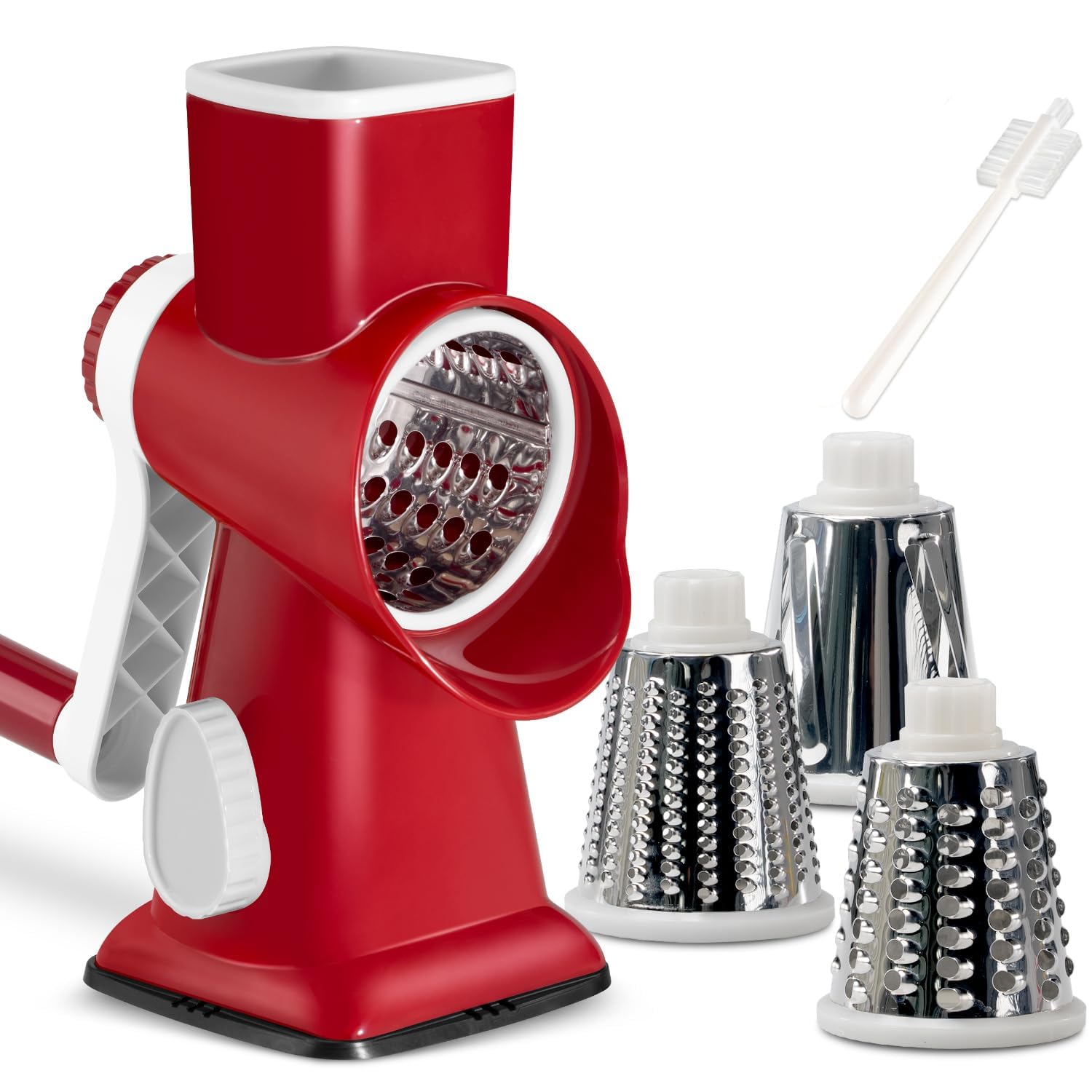 Rotary Cheese Grater with Handle Vegetable Cheese Shredder Slicer Grater for Kitchen 3 Changeable Blades for Cheese Potato Zucchini Nuts Chocolate (red)