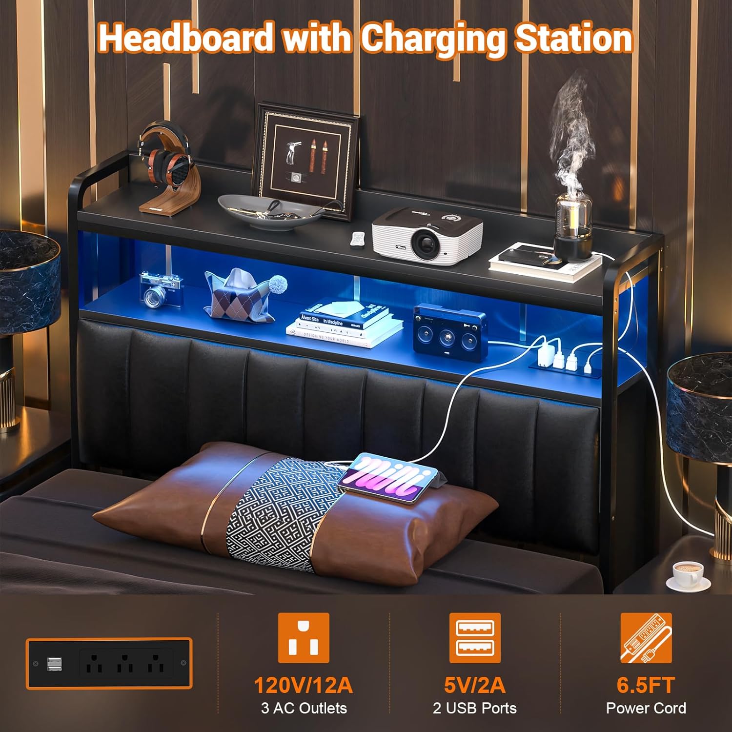 Aheaplus Headboard for Twin Size Bed Frame, Upholstered Headboards with Outlets, USB Ports and LED Light, Leather Head Board with Storage, Height Adjustable, Comfortable Headboard, Twin Size, Black