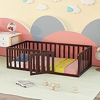 Vista 1 de Merax Marco de cama de piso de madera de tamaño individual con valla y puerta (nogal)