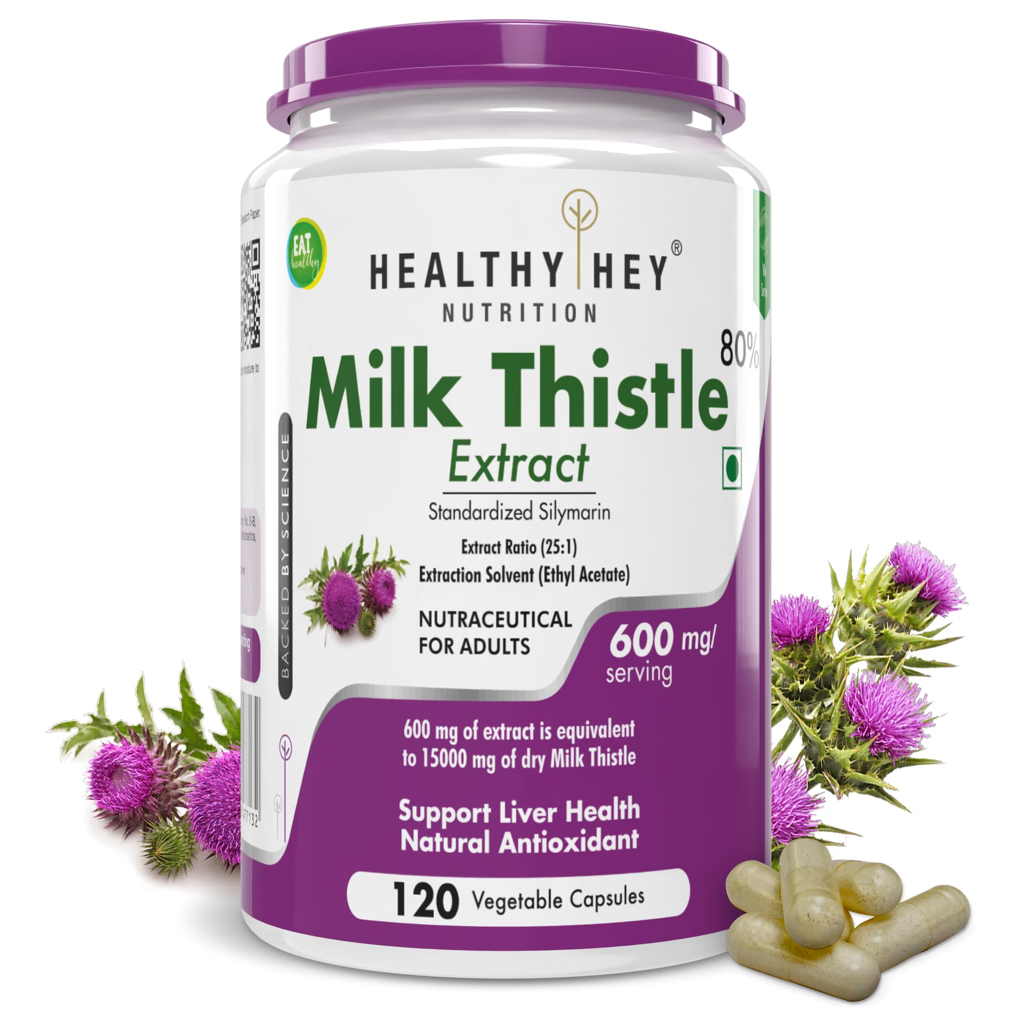 Healthy Hey Nutrition Milk Thistle Capsules for Liver Health - High Strenght -Extract - 120 Veg. Capsules