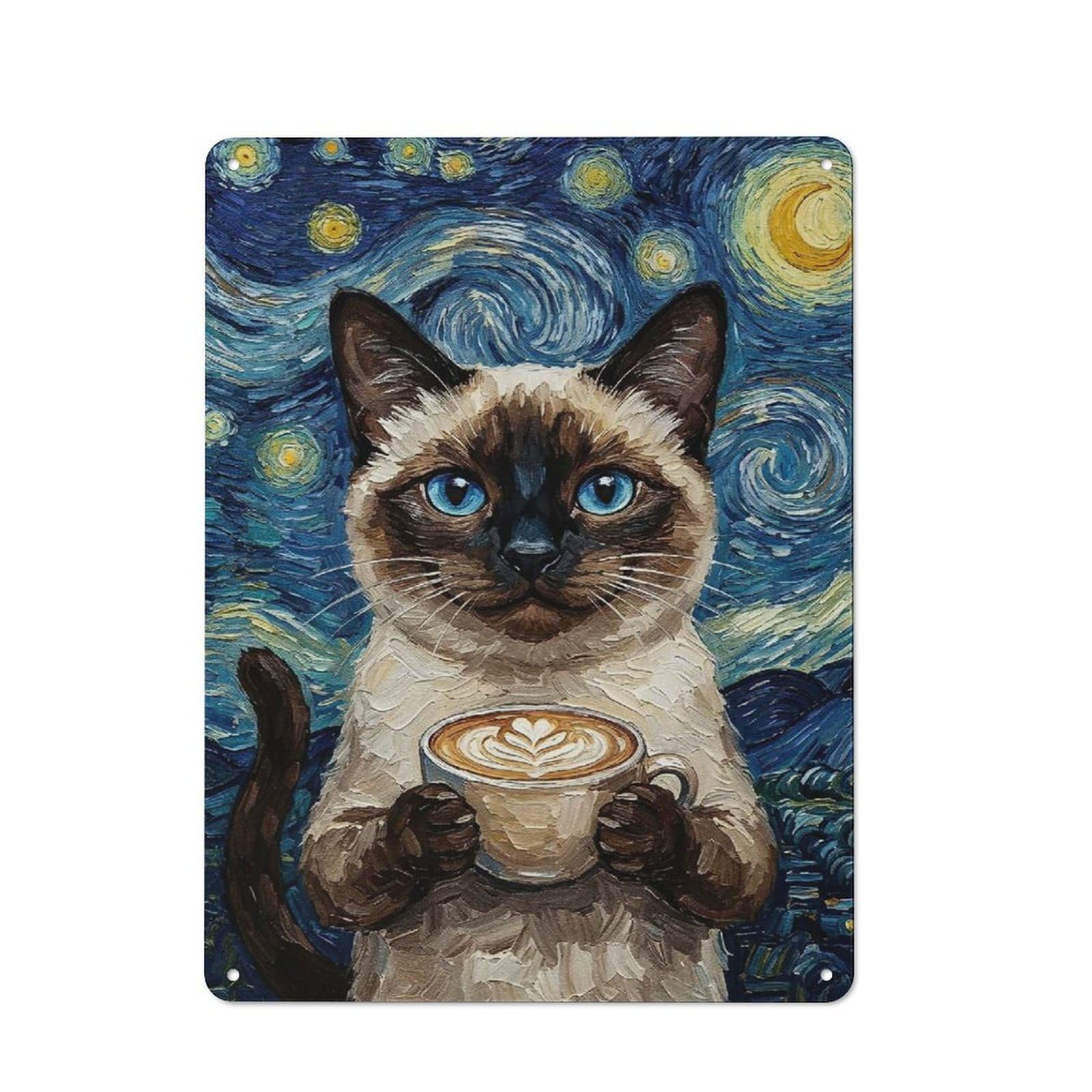 Junmoney Style-20 Siamese Cat With Coffee, Starry Night Urban Metal Wall Decor 40X30cm, Metal Wall Art Sign For Loft, Studio, Office Or Creative Room