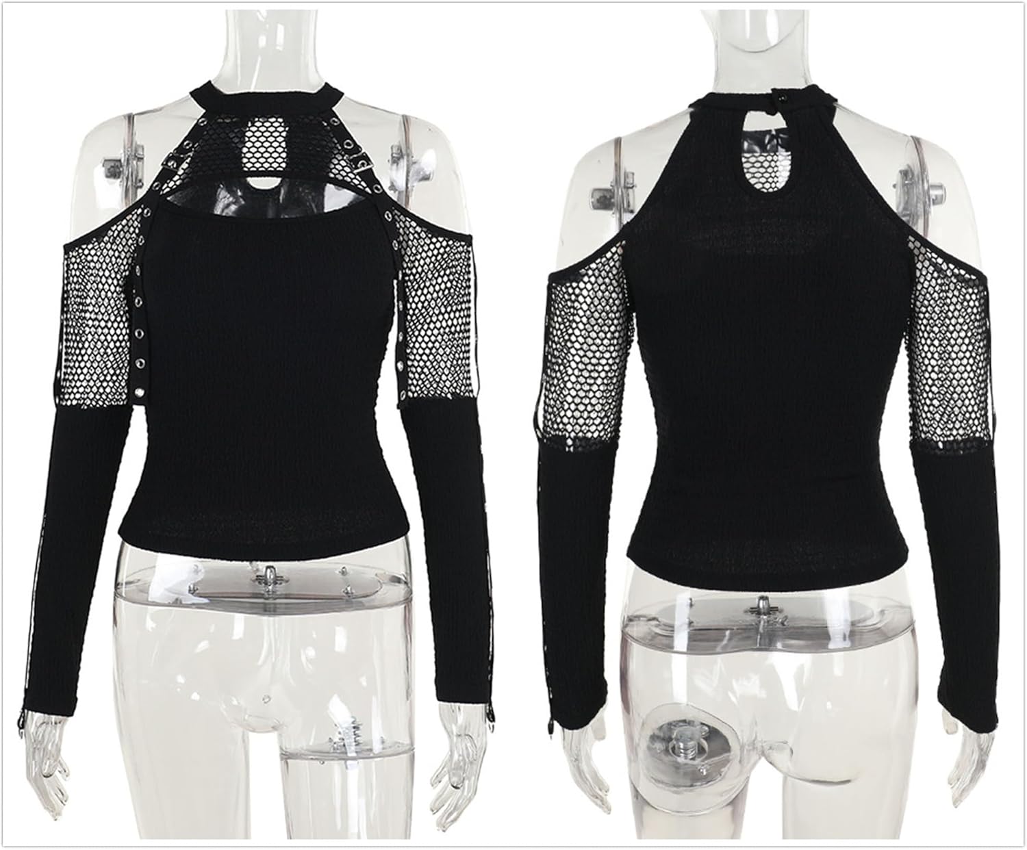 Punk Rock Top T Shirt Women Goth Fishnet Mesh Mock Neck Long Sleeve Cold Shoulder - Image 6