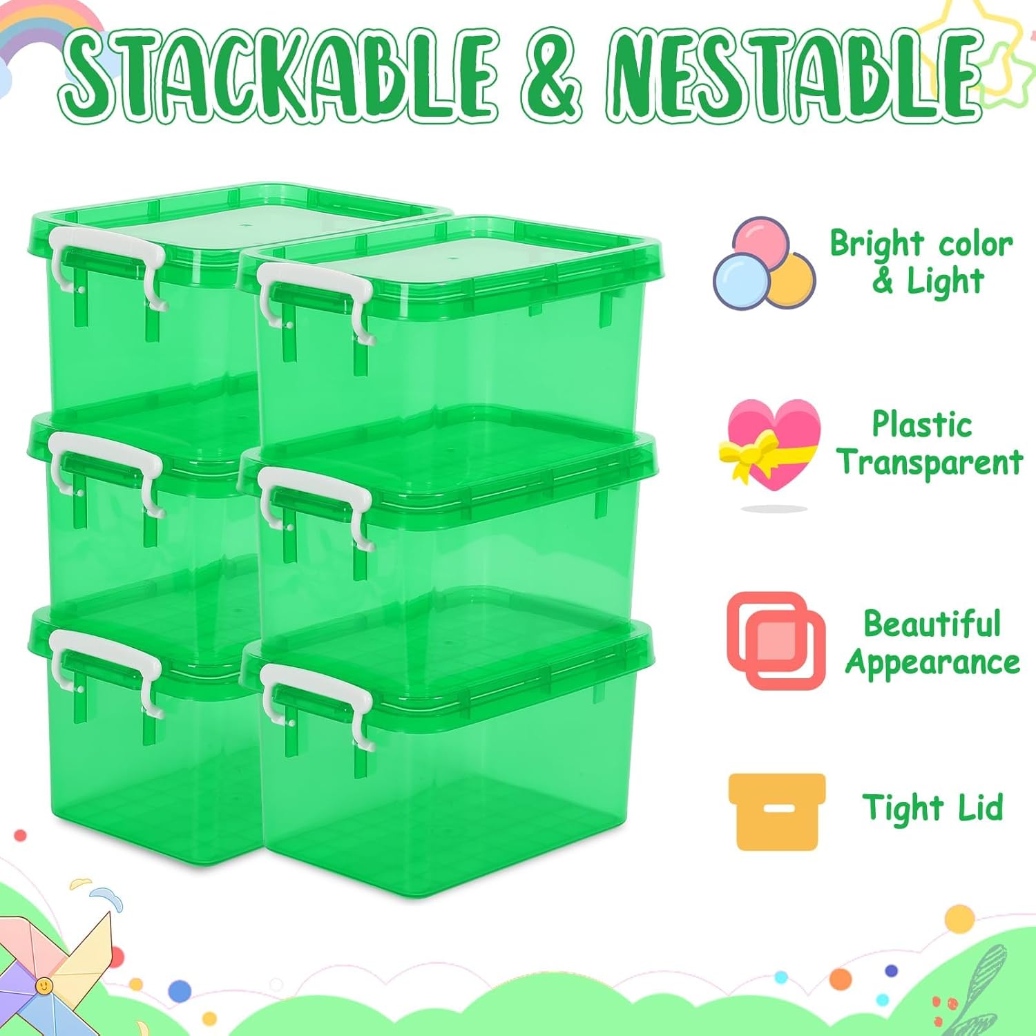 6 Pack 4 Quart Colorful Plastic Storage Bins with Lids Stackable Storage Bins with Latching Lids Handle Clear Colored Storage Organizer Bins for Home Office Pantry Containers(Green)