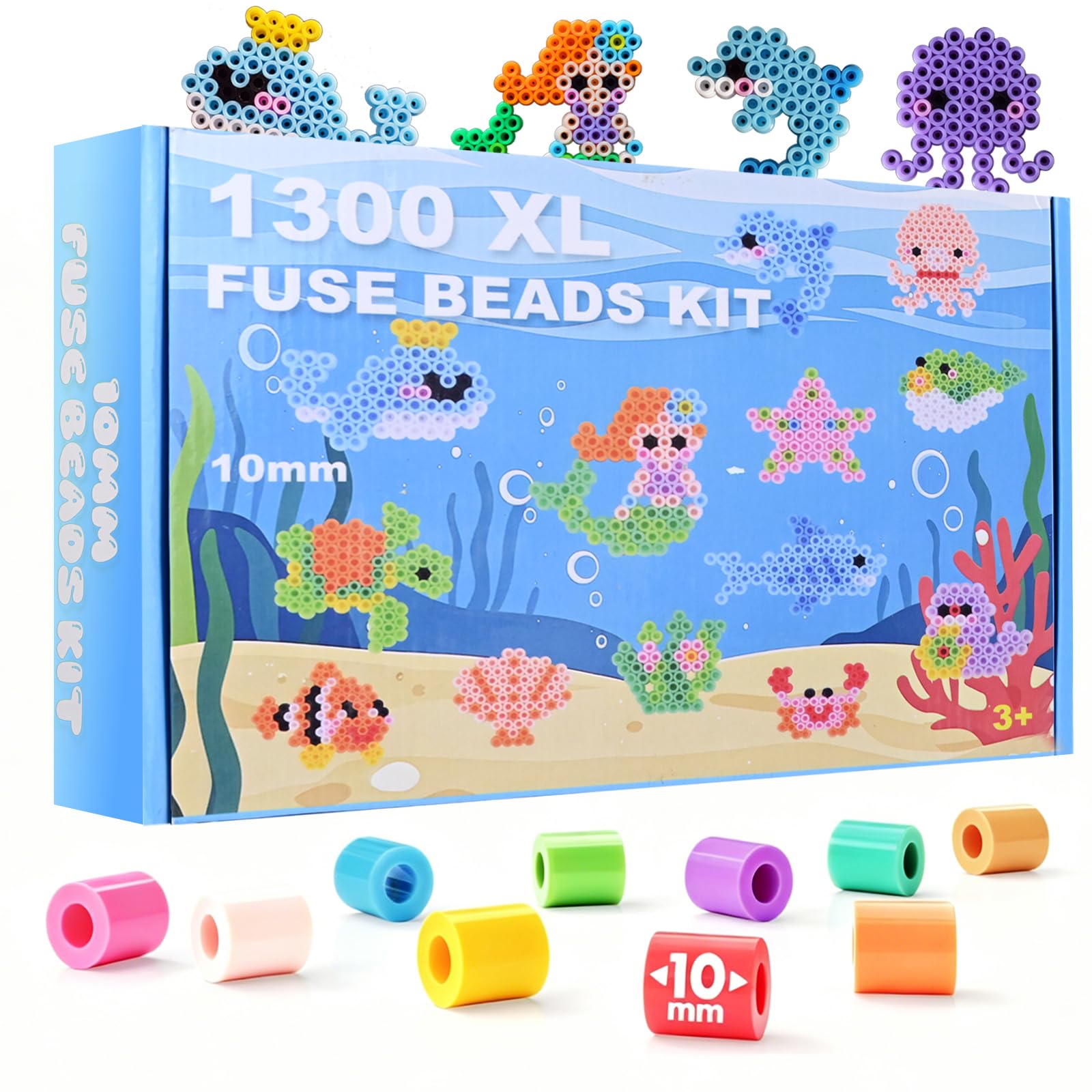 Kit Perline da Stirare 10 mm Grandi, 1300 Pezzi Perline da Stirare con 34 Accessori DIY Fai da Te, Tema Mare Giocattolo Educativo per Bambini da 3 Anni, Regalo per Natale/Pasqua/Compleanno