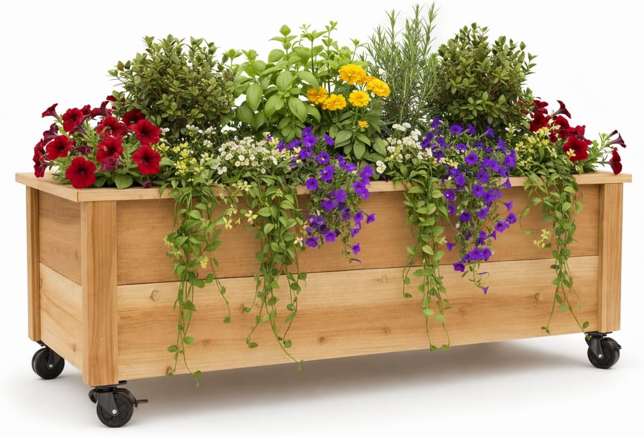 Cedar Raised Garden Bed Planter Box with Castor Wheels – Elevated Rolling Wooden Planters for Patio, Balcony & Outdoor Spaces (46" x 16.5" x 14")