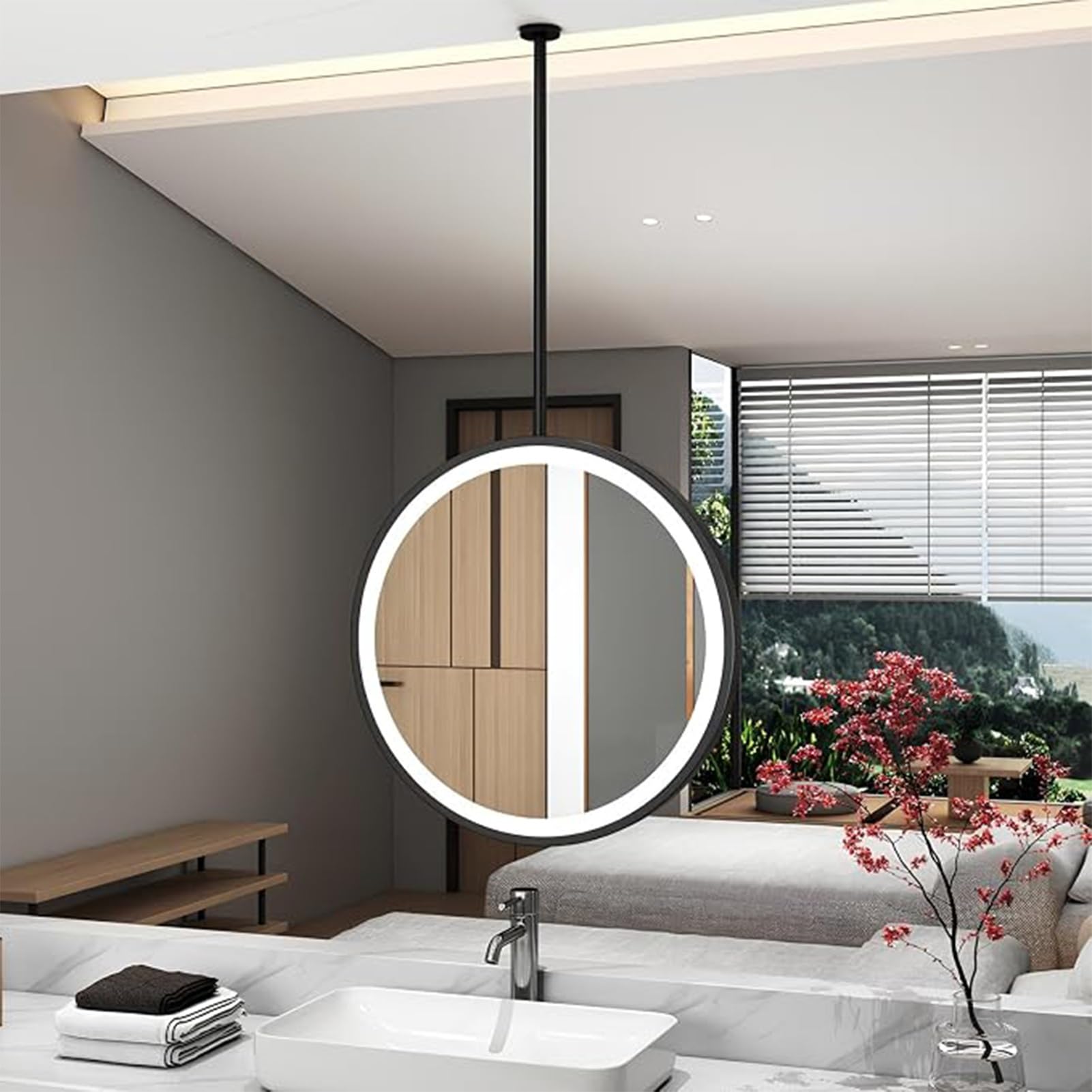 QICBYING Hanging Metal Frame LED Illuminated Bathroom Mirror, Ceiling Round Hanging Mirror Suspended With Light Touch Button, Bedroom Hallway Living Room Lighted Boom Mirror(Black,60cm)