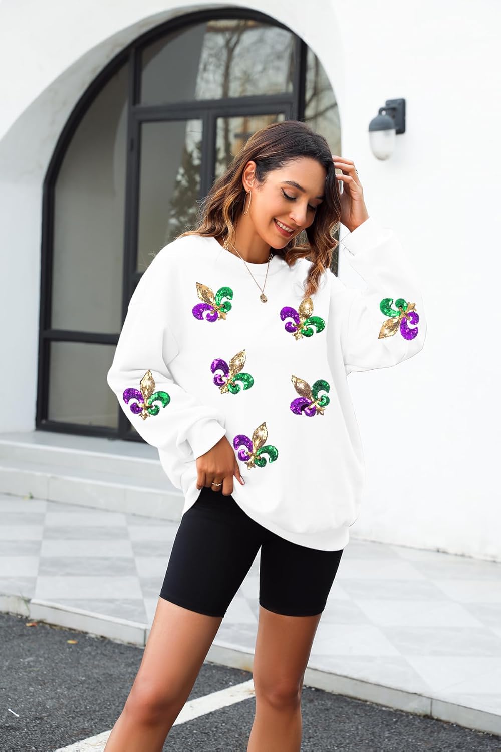 LUKYCILD Mardi Gras Sweatshirt Women Stripes Fat Tuesday Shirt Mask Graphic Carnival Long Sleeve Tee New Orleans Party Top - Image 3