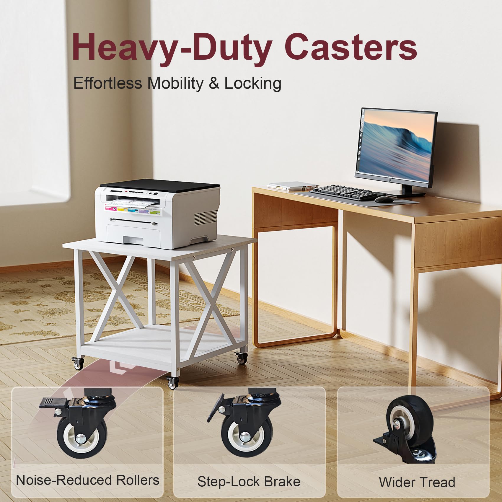 Carrito de impresora grande de 2 niveles y mesa de impresora con ruedas, soporte móvil de madera de 23.6 x 23.6 pulgadas para almacenamiento - para equipo de oficina en casa, lavadora/secadora 3