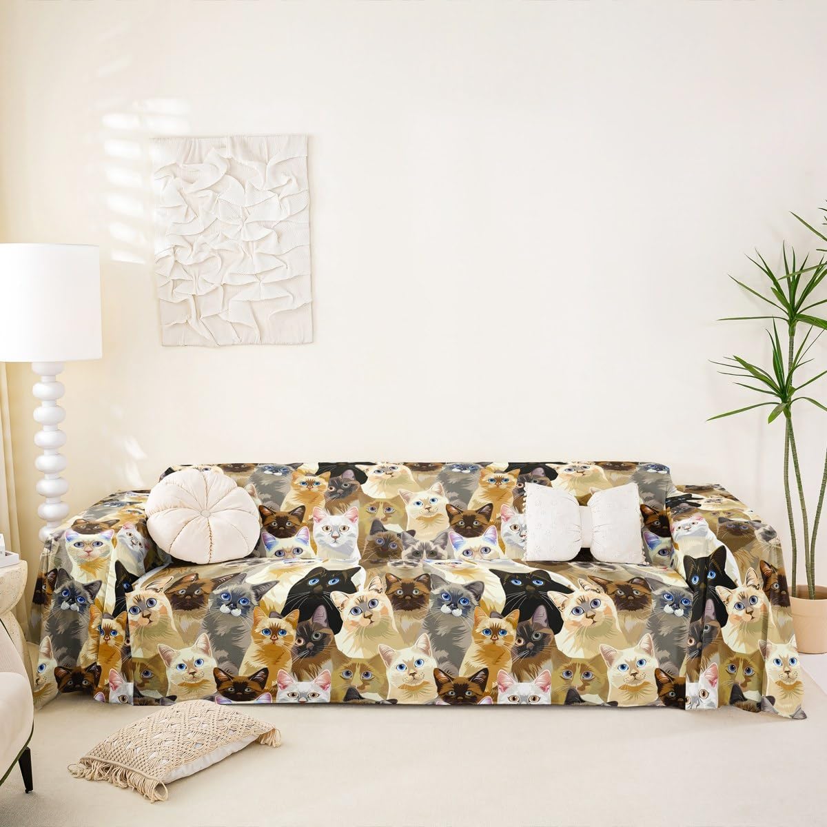 jejeloiu Cats Sofa Covers Washable Cute Cat Print Cushion Couch Covers for Dogs Cats Pets Kawai Animals Soft Sectional Cat Scratch Couch Protectors Yellow Furniture Slipcovers Non-Slip,71" X118"