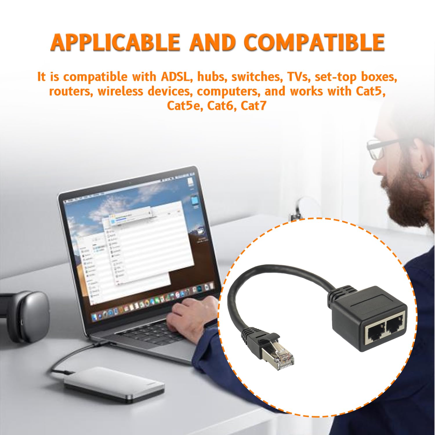 RJ45 Divisore adattatore Ethernet 1 Maschio a 2 Femmine Cavo Compatibile con Cat5, Cat5e, Cat6, Cat7(2 pezzi)