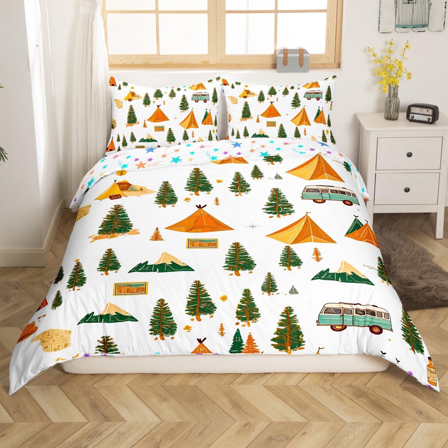 Homemissing Camping Bedding Set Single Size Vintage Comforter Cover Set Camper Accessories for Travel Trailers Duvet Cover Camper Bedspread Cover Room Decor Ivory Quilt Cover,No Comforter — image 1