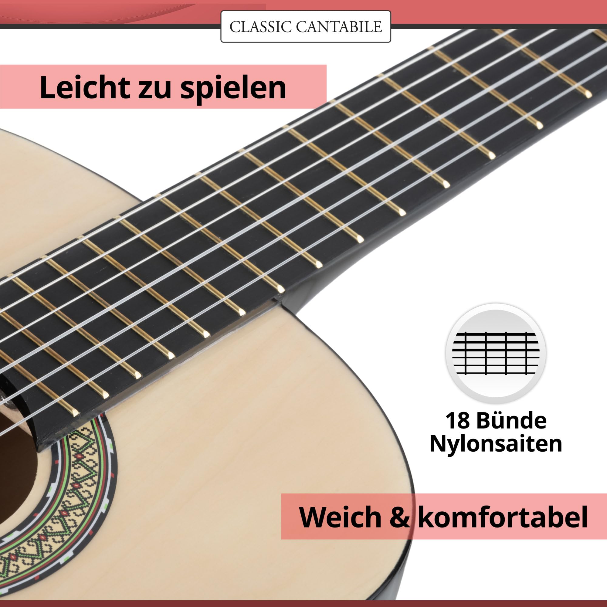 Classic Cantabile AS-851 1/2 Konzertgitarre Natur (Akustikgitarre, geeignet für Kinder im Alter von 6-8 Jahren, Bundmarkierung, Nylonsaiten)