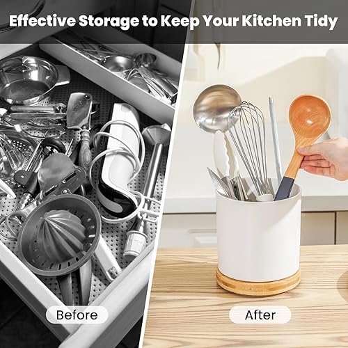 Miniatura 5 de KitchenTour - Soporte giratorio de 360, recipiente grande para utensilios de cocina de 5.9 pulgadas con base de madera, soporte de utensilios de