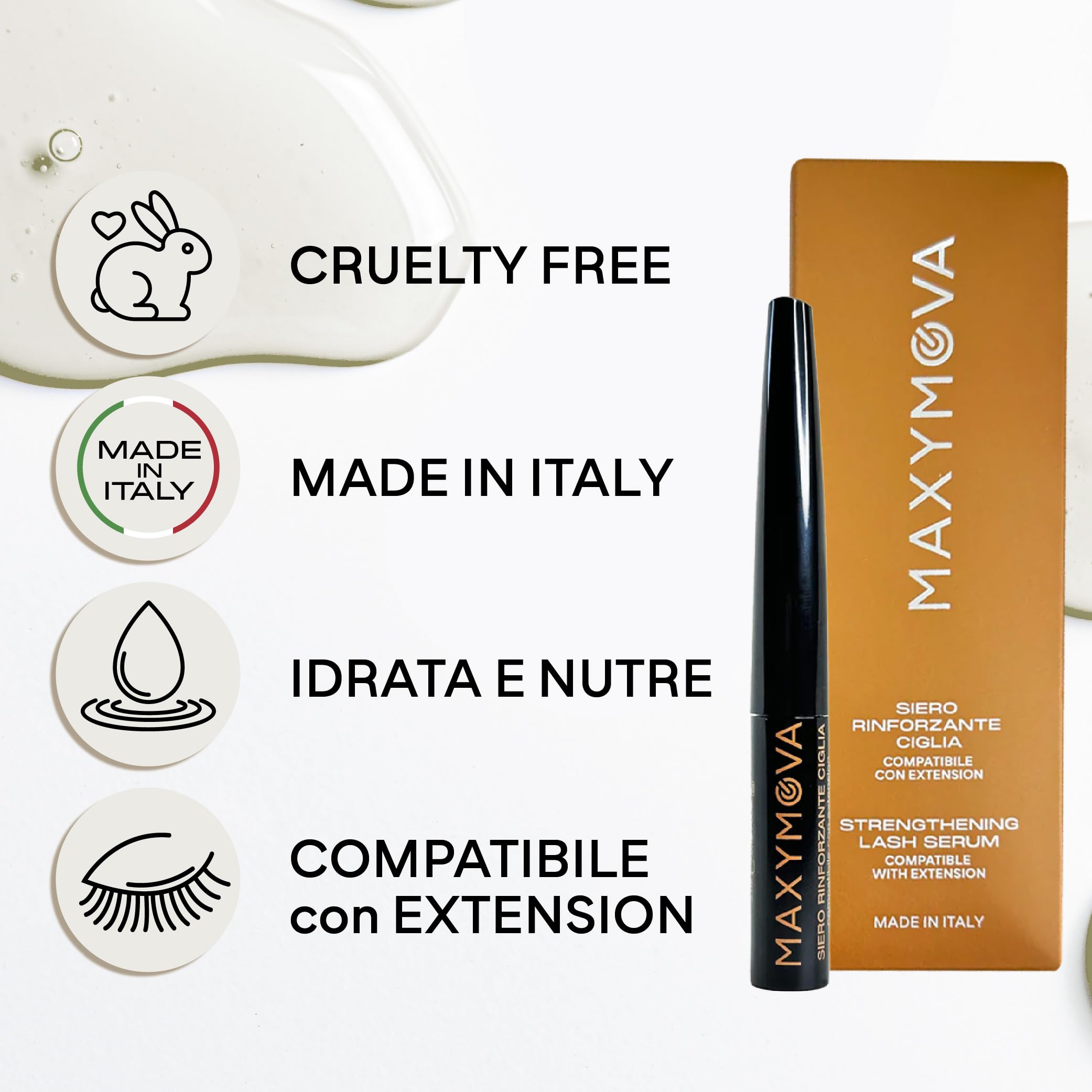 MAXYMOVA Siero rinforzante ciglia e sopracciglia, trattamento nutriente e protettivo, compatibile con extension, formula delicata per uso quotidiano