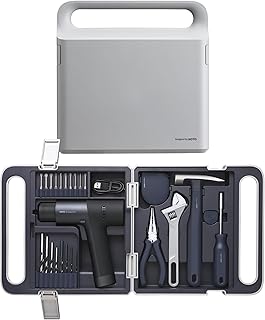 HOTO Boîte à Outils, Set de 26 Pièces, Inclus Perceuse 12V, Tournevis, Clé, Marteau, Pince, Mètre Ruban, Adapté pour Ateliers et Maison, Gris/Bleu Foncé