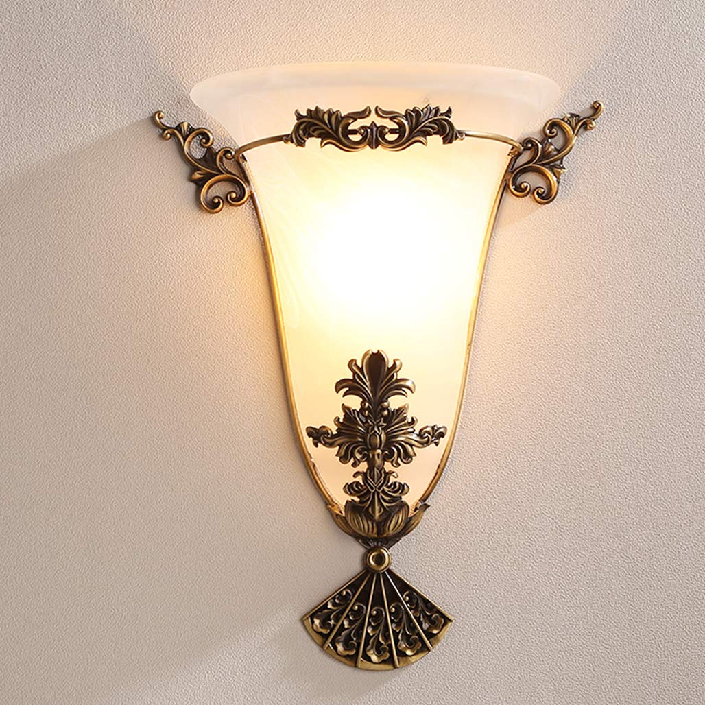 Vintage Wandleuchte Messing, Landhaus Innen Wandlampe mit weiße Glasschirm, 6W Treppenhaus Wandbeleuchtung Warmweiß Flurlampe in Antik-Finish, E27 Fassung, Schlafzimmer Wohnzimmer Deko,C